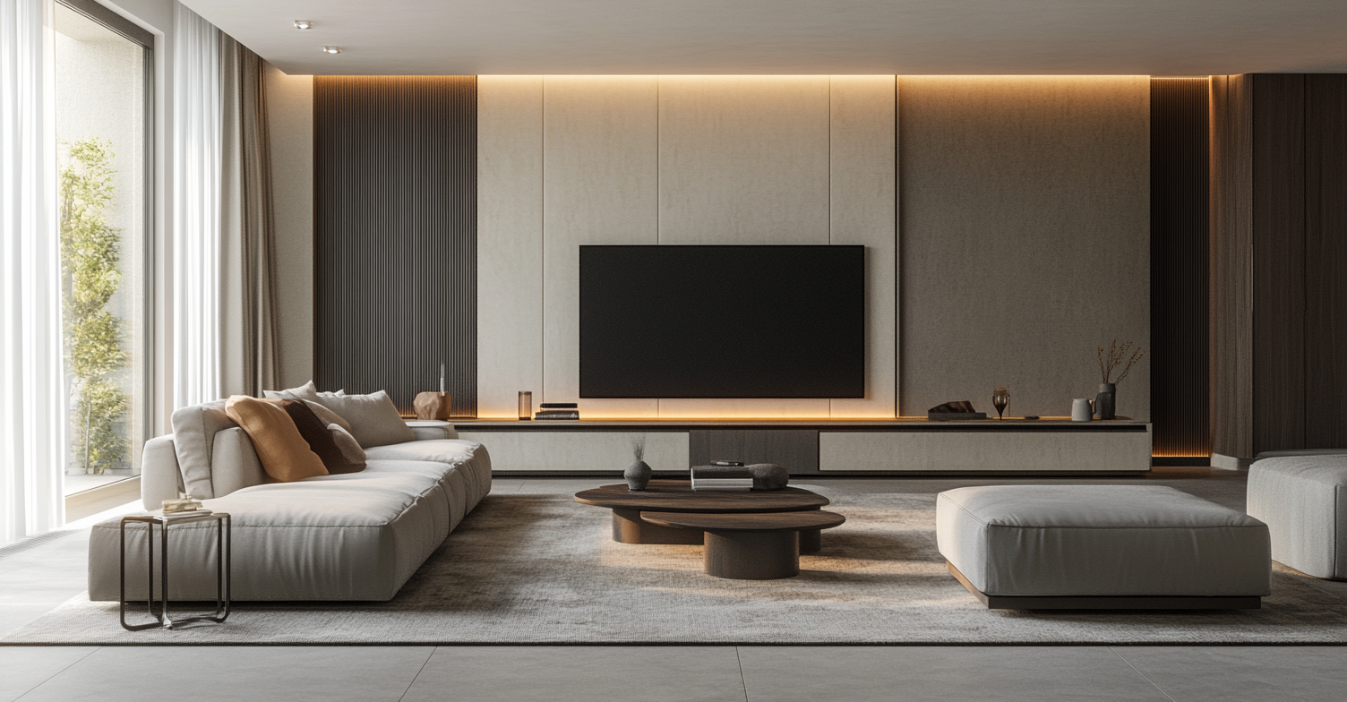 Living room setup showing optimal TV to sofa distance with modern furniture arrangement