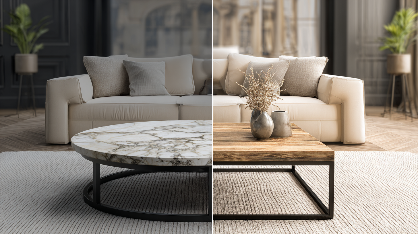 Modern living room with coffee table placement considerations diagram