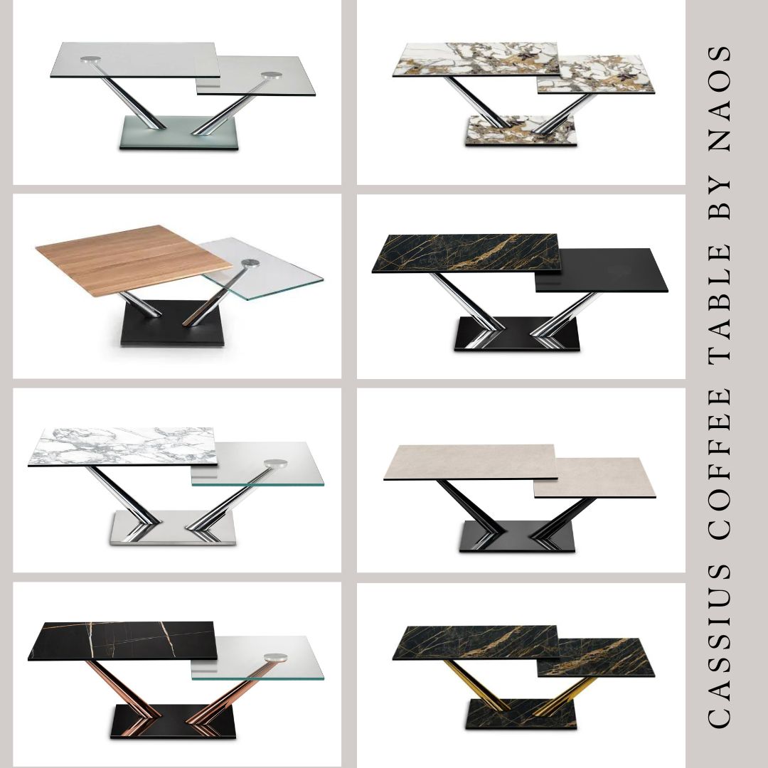 FCI London Naos Cassius coffee table with glass top and sculptural base.