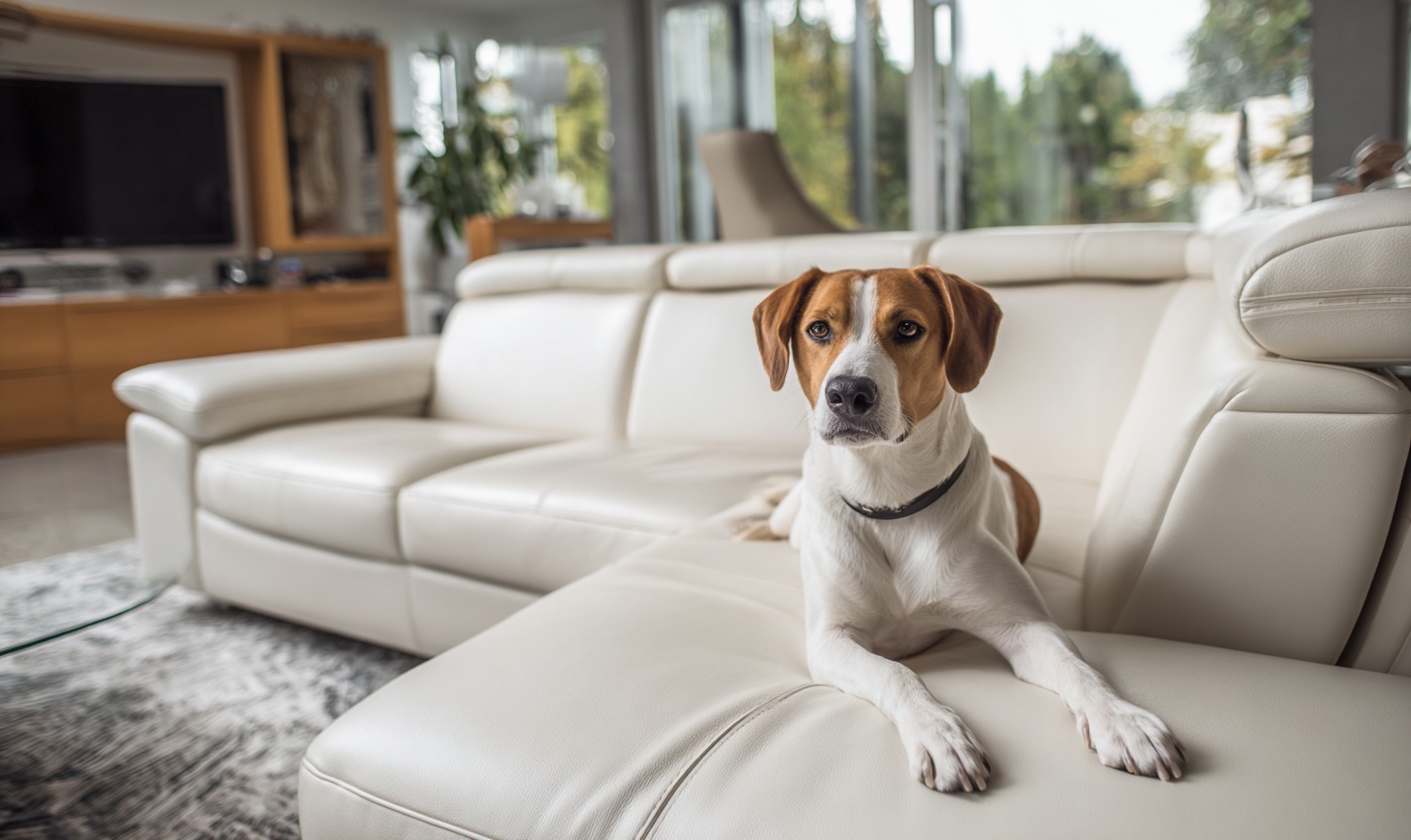 Dog on white leather sofa – FCI London advice on ‘Will dogs ruin a leather couch?