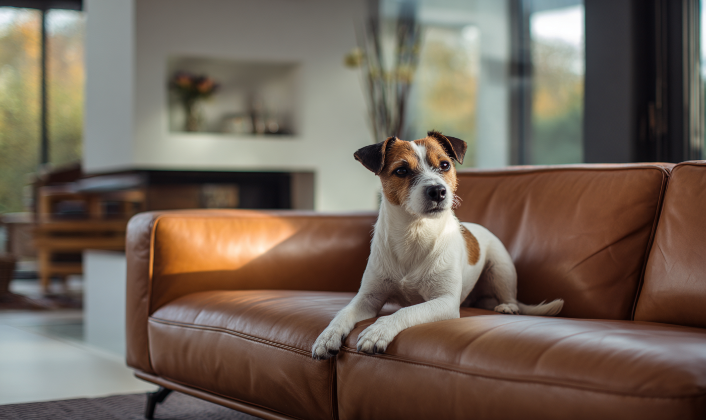 Dog on tan leather sofa – FCI London: will dogs ruin a leather couch?