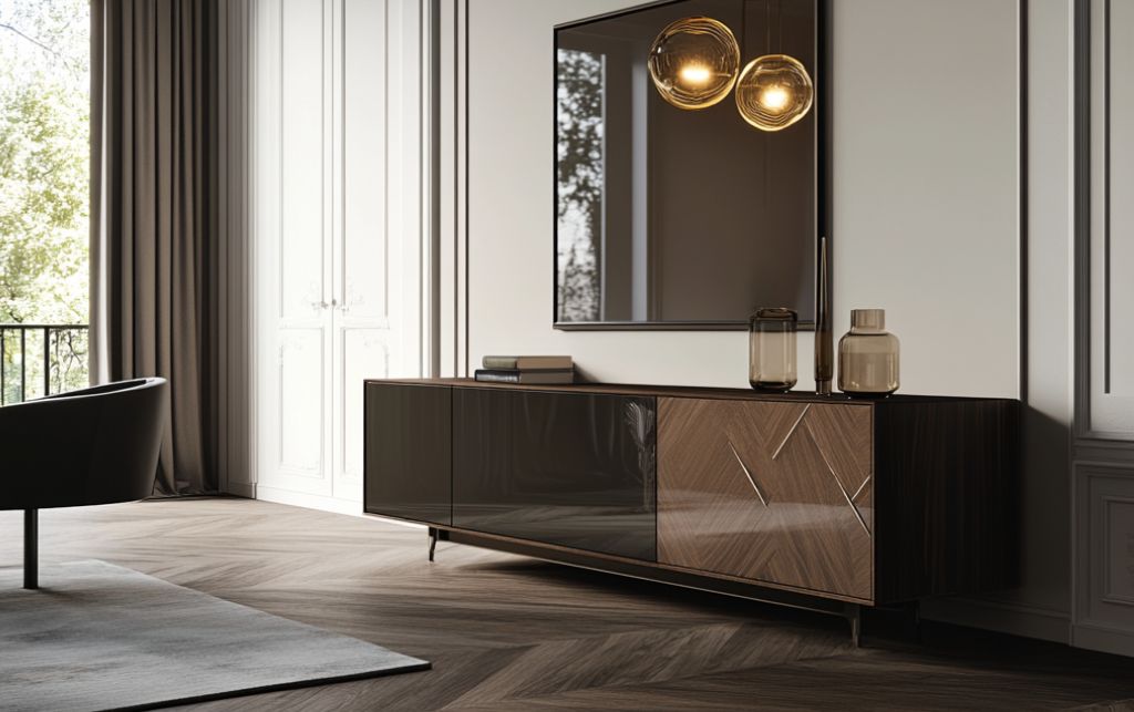Dark wood sideboard with gloss finish and a geometric wood panel