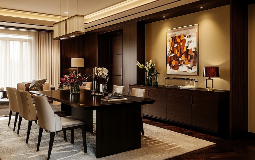 Large dark wood sideboard in a luxury dining room