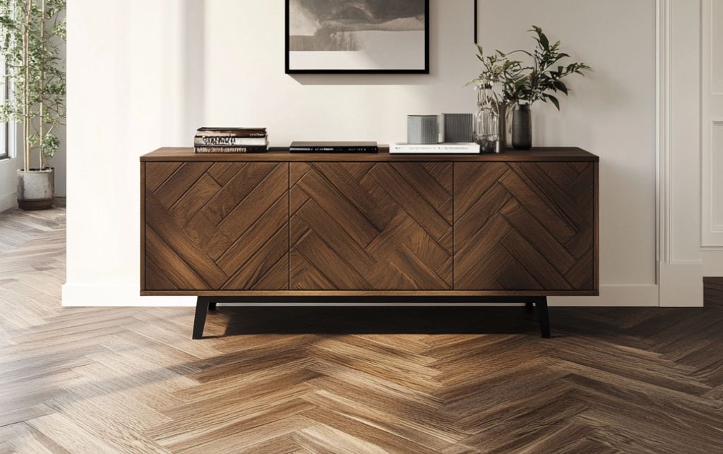 Dark wood sideboard with a herringbone pattern and angled legs