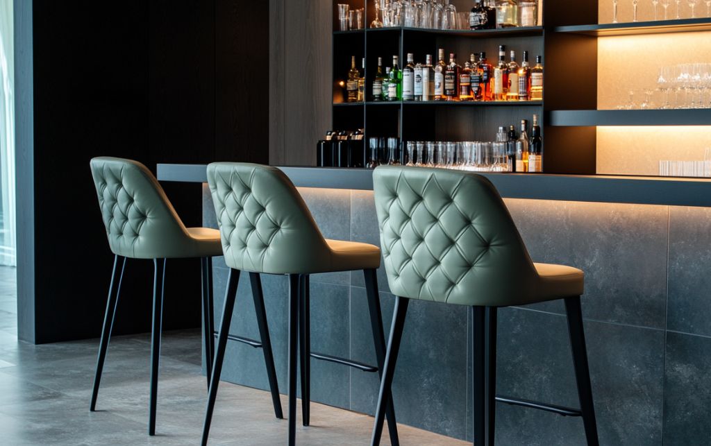 Olive green leather bar stools with quilted backs at a modern bar counter