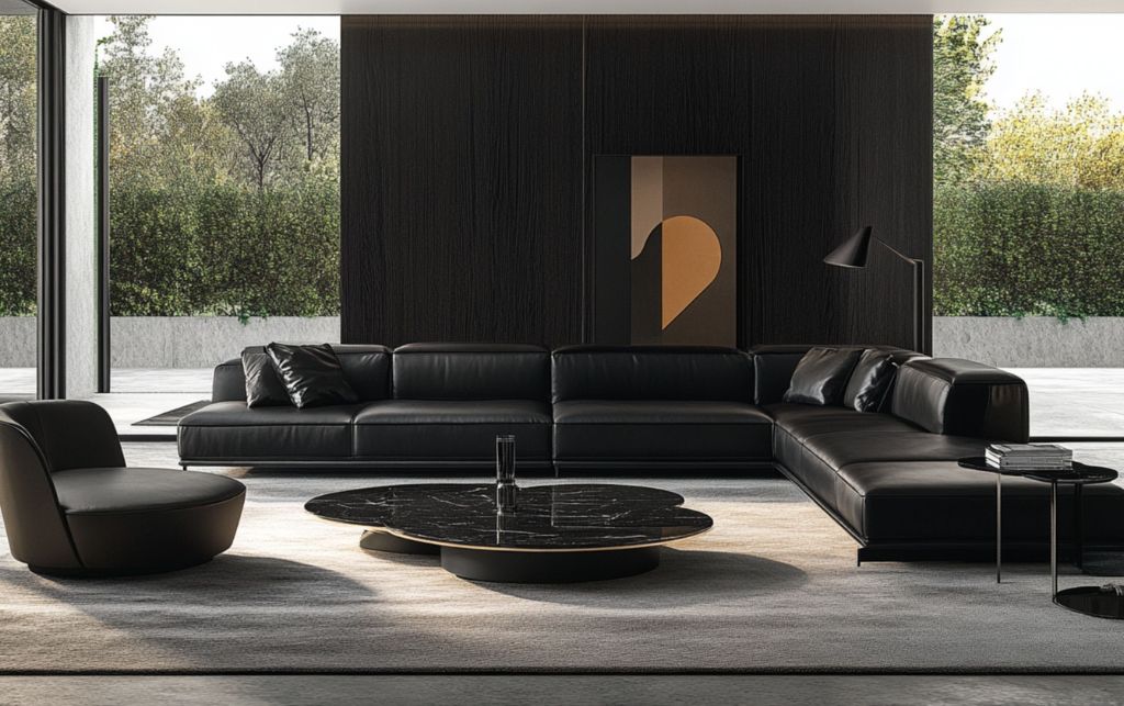 Stylish black leather sofa with orange accent cushions in a modern setting.