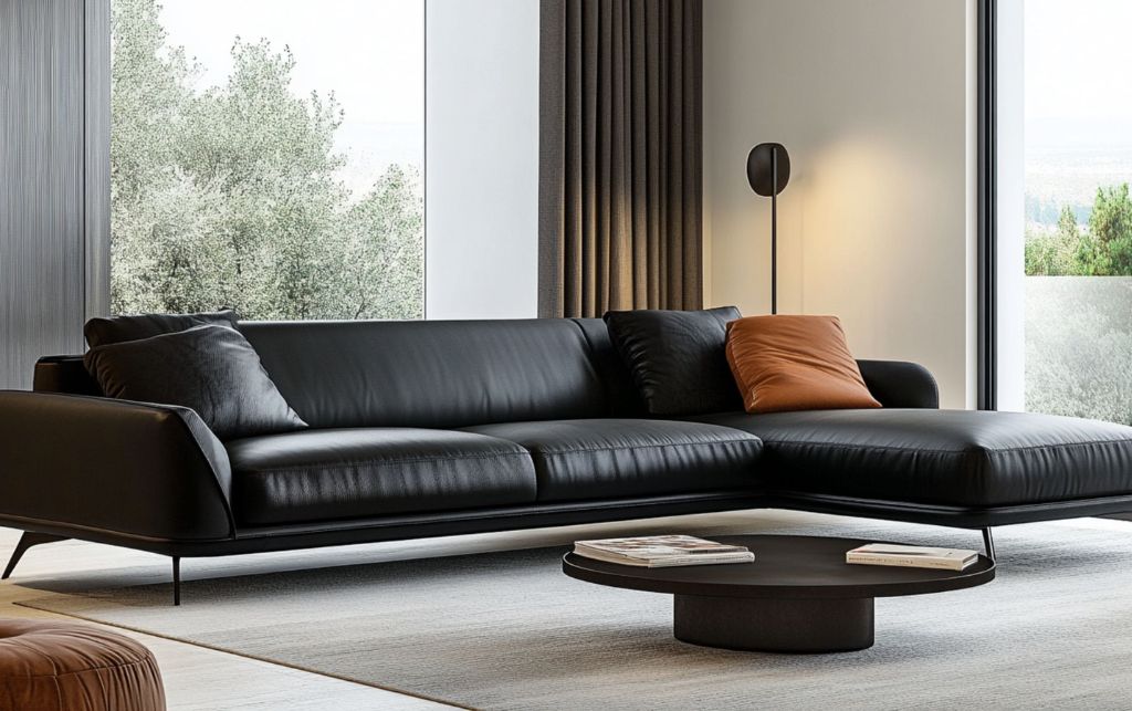 Black leather sectional sofa with chic décor and a large coffee table