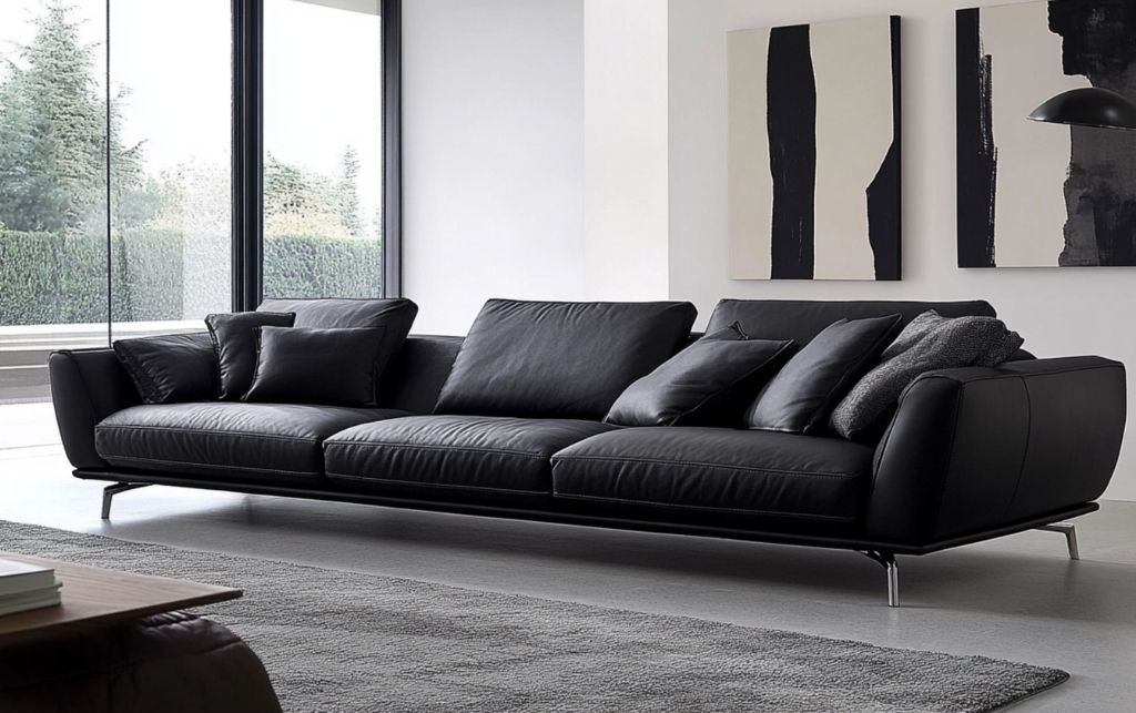 Minimalist black leather sofa with soft cushions and spacious design.