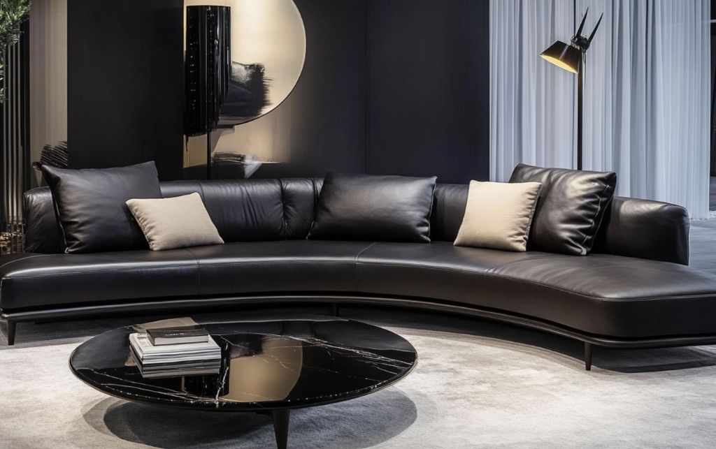 Sleek and modern black leather corner sofa in an open-plan living room.