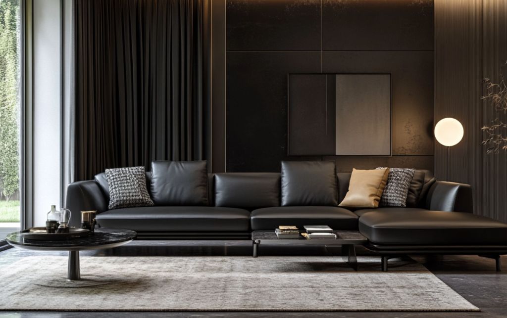 Black leather sofa with orange cushions in a stylish modern living room.