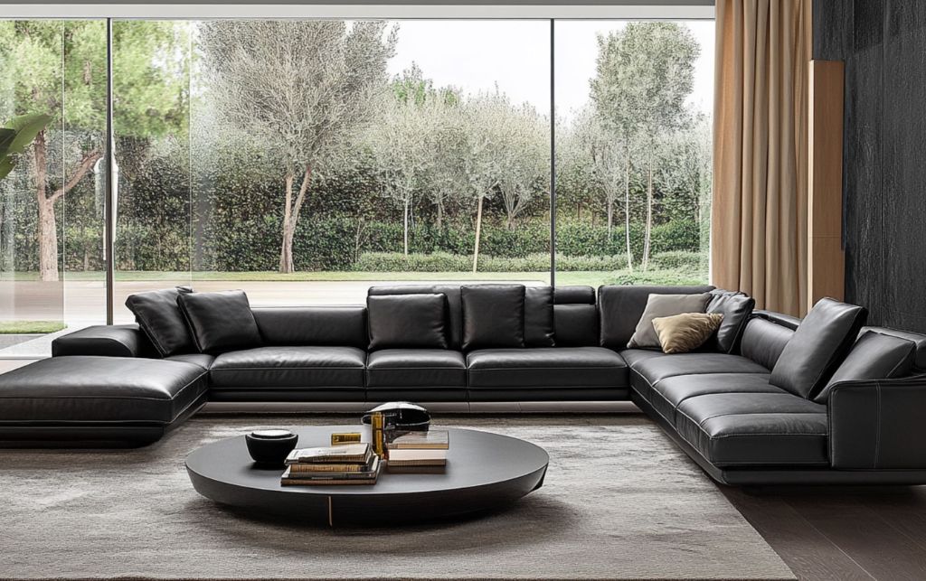 Black leather corner sofa with large glass windows and elegant décor.