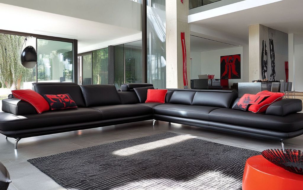 Sleek black leather sofa with contrasting red pillows in an open-plan living room.