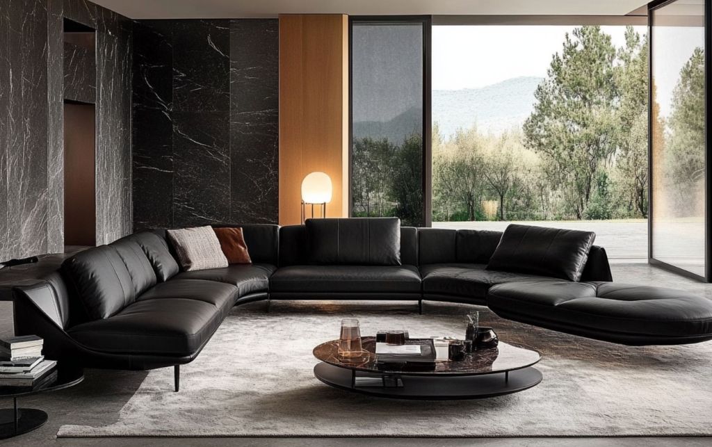Black leather sofa with minimalist design and a round marble coffee table.