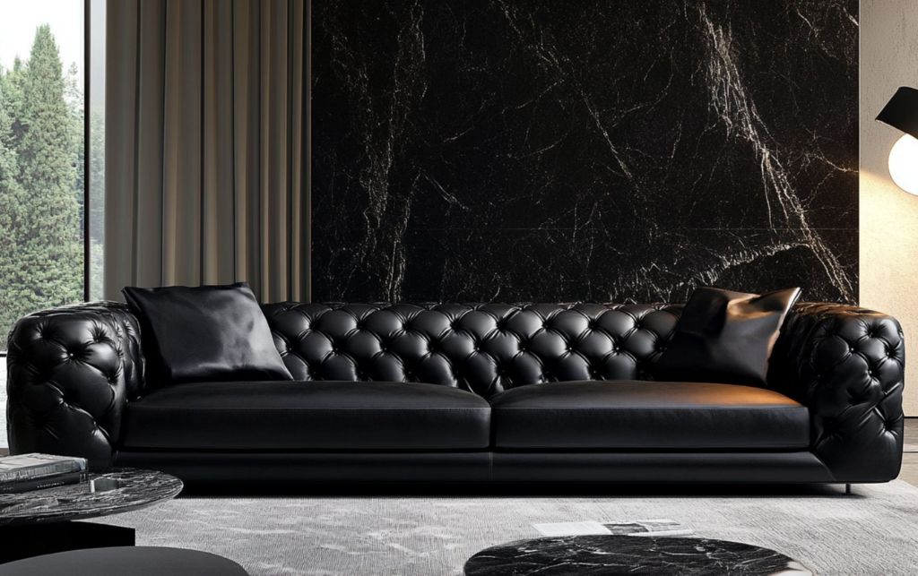 Modern black leather sofa with curved design and soft cushions.