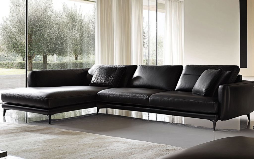Modern black leather corner sofa with soft cushions in a bright living room.