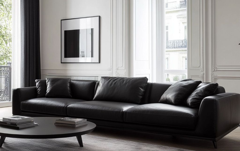 Sleek black leather sofa in a bright modern room with tall windows.