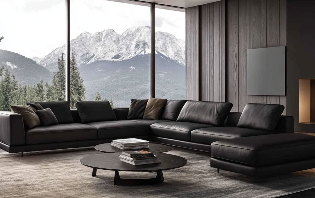 Luxurious black leather sofa with tufted back and stylish living room ambiance.