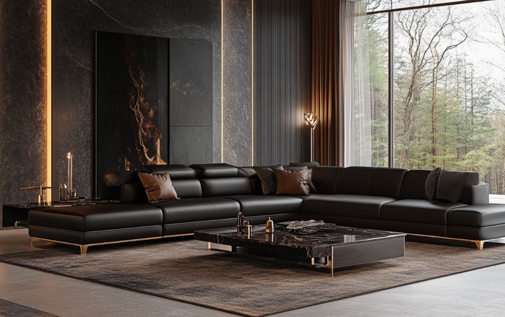 Black leather sectional sofa with golden accents and a modern ambiance.