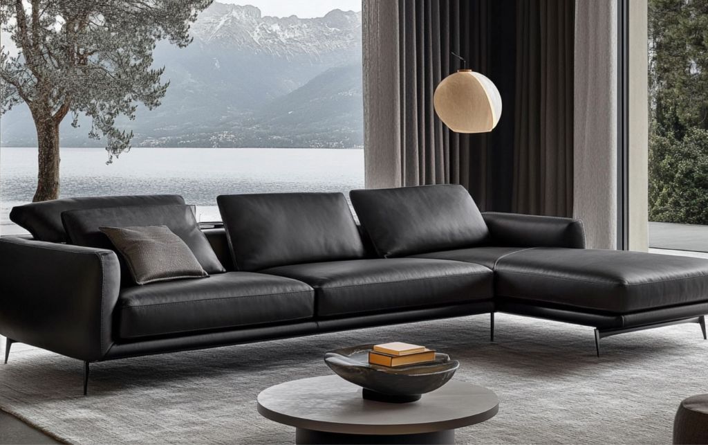 Contemporary black leather sectional sofa in a cozy, well-lit living space.