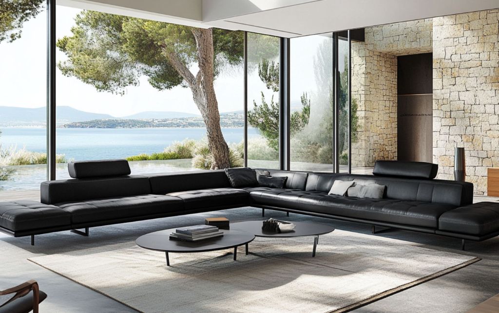 Black leather sofa with simple, sleek design and ocean view.