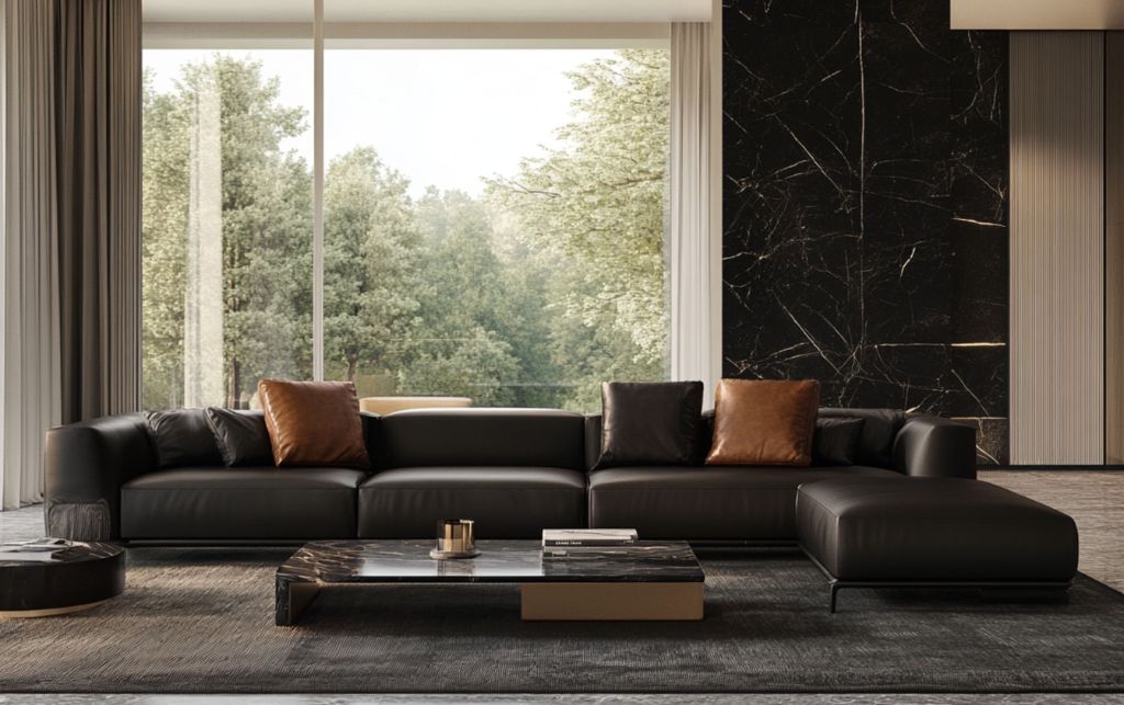 Elegant black leather sofa with round black coffee table and gray rug.