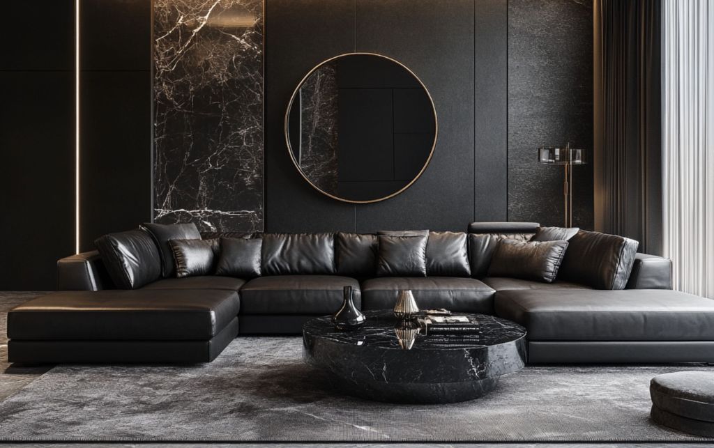 Luxurious black leather sofa with marble coffee table in a contemporary living room.