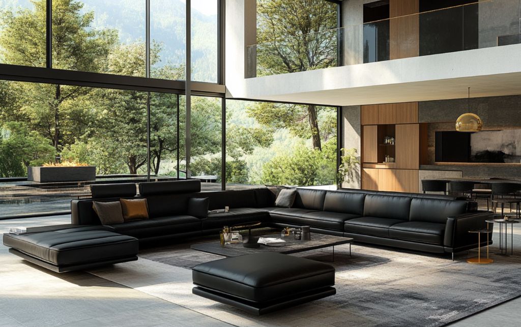 Black leather corner sofa with minimalist design and large glass windows.