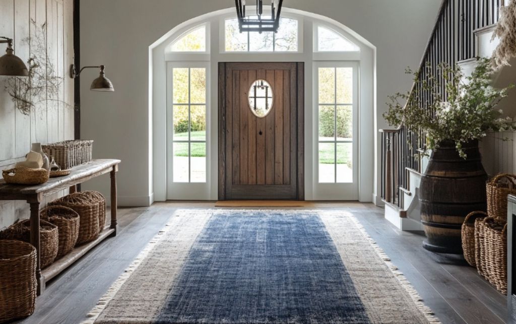 Large indoor front door rug with a deep blue hue in a rustic farmhouse-style entryway