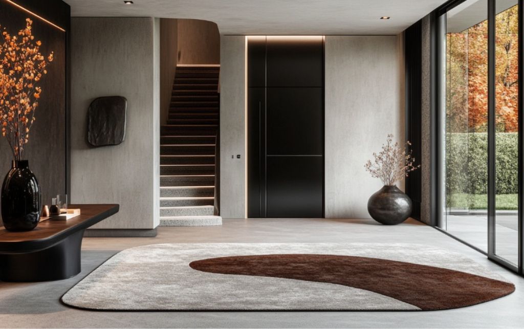 Luxury large indoor door rug in a modern entryway with a curved brown and beige design