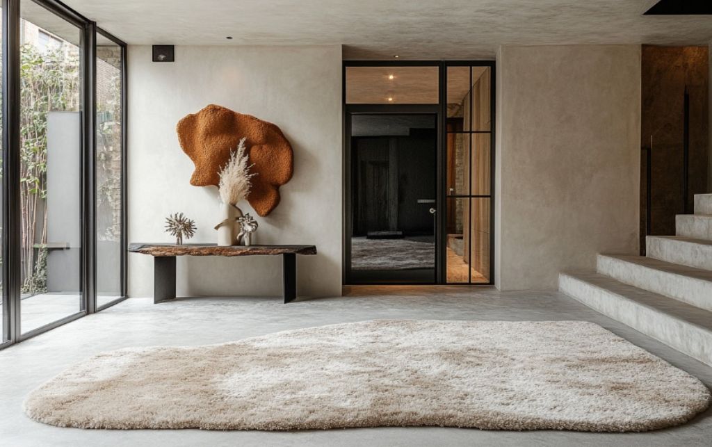 Large front door rug in soft cream tones, enhancing a minimalist indoor entrance