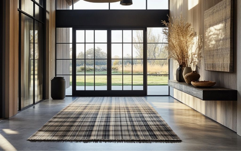 Large luxury door rug in soft white, complementing a minimalist entrance design