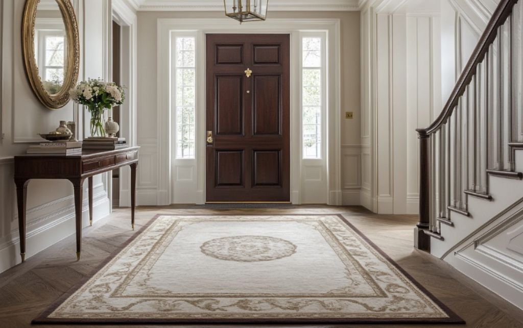 Large checkered luxury rug in a modern glass-door entryway with warm wood paneling