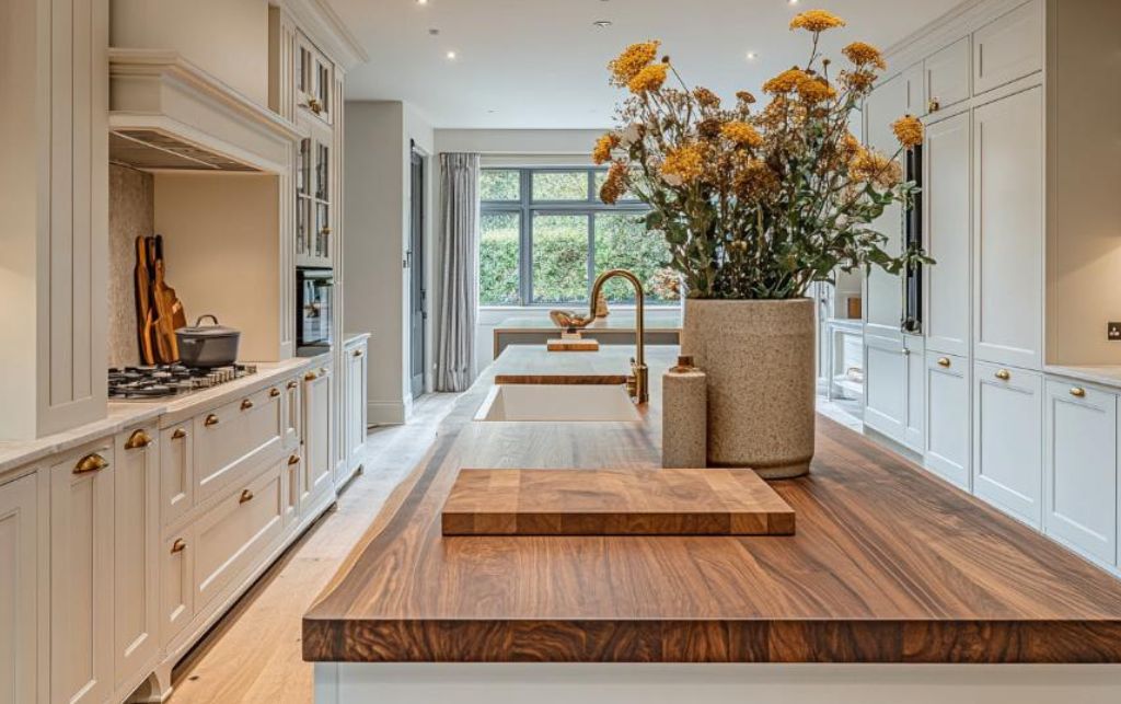 Kitchen with shaker cabinets in rich green tones, brass handles, and a spacious island design.