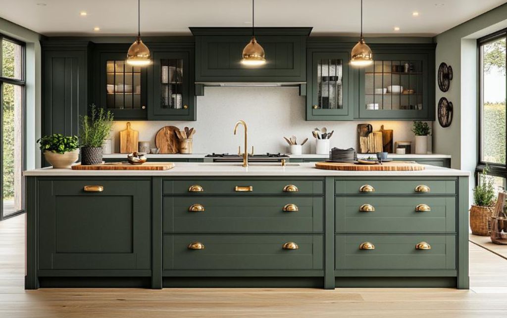 Bespoke shaker kitchen with dark charcoal cabinets, brass hardware, and a wooden countertop.