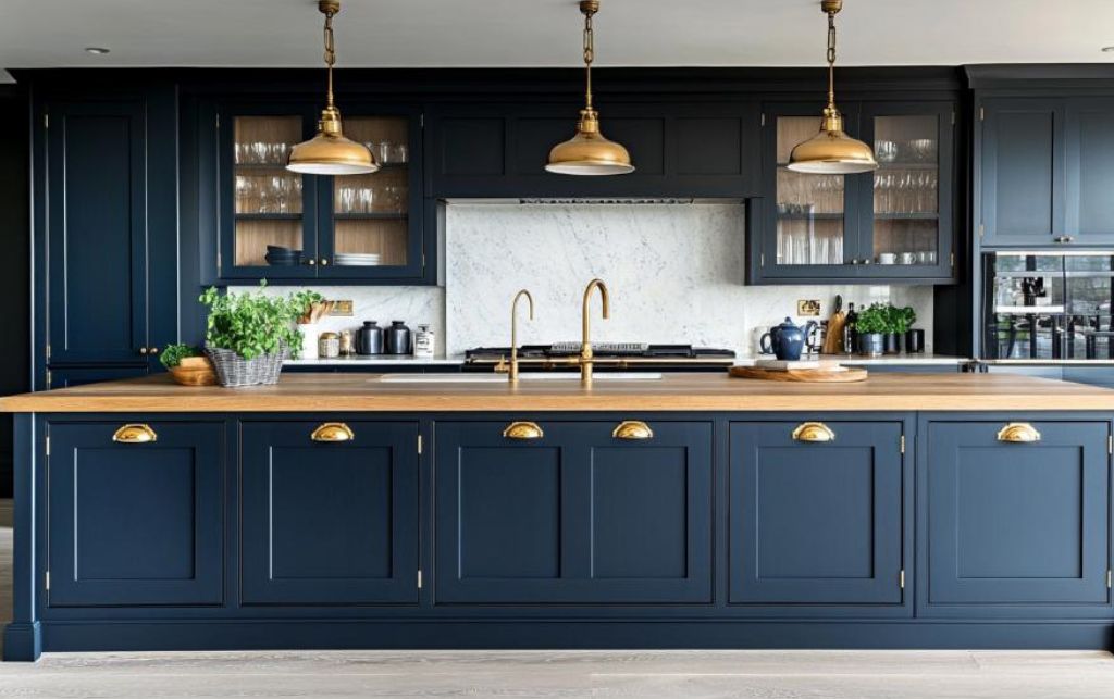 Modern shaker kitchen with cream cabinetry, brass taps, and wooden details.