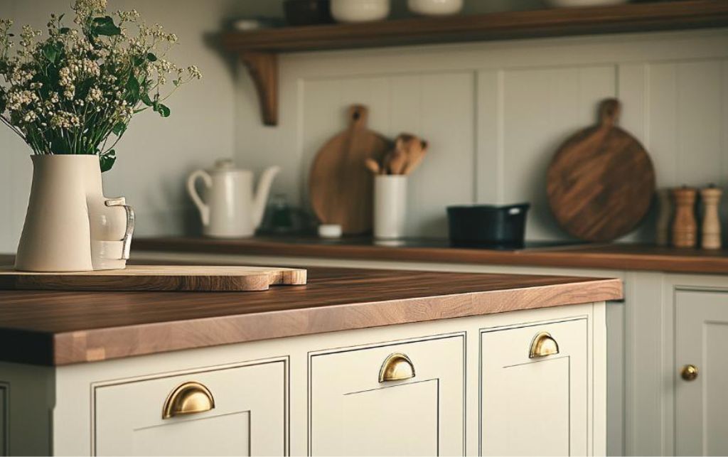 Modern shaker kitchen with light cream cabinets, brass handles, and wooden countertops.