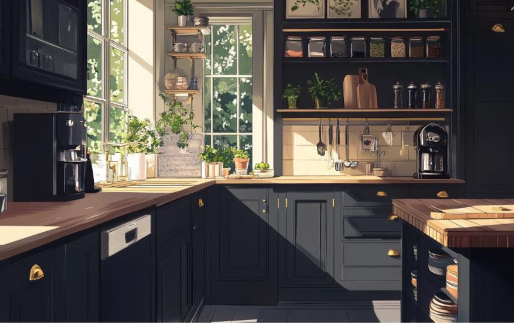 Contemporary shaker kitchen with muted green cabinets, brass handles, and a spacious island.