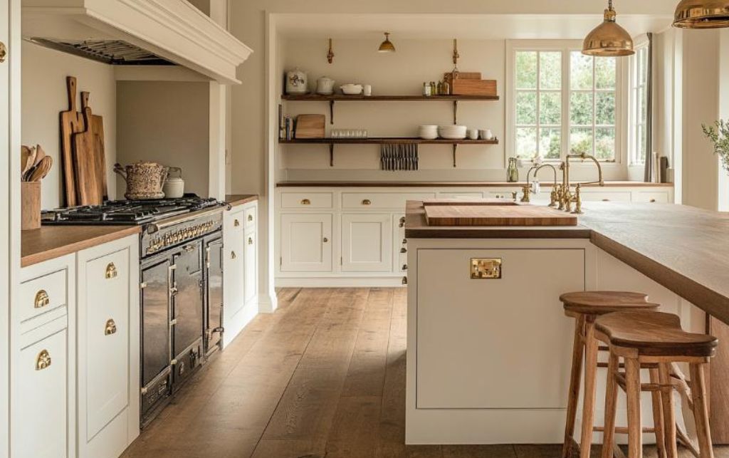 Contemporary shaker kitchen with white cabinetry, brass accents, and wooden countertops.