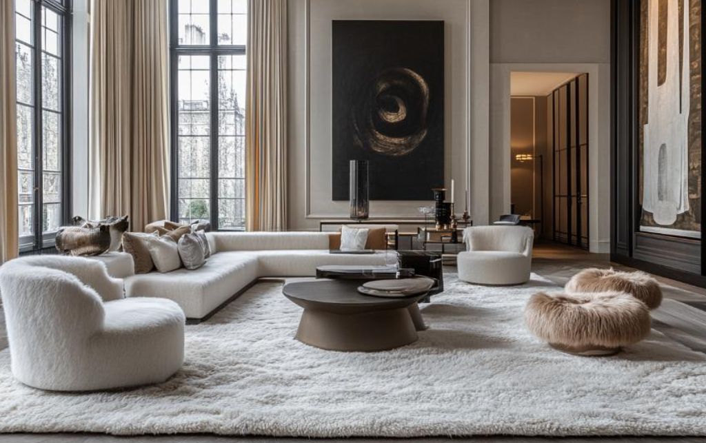Modern gallery-style living room featuring a giant sheepskin rug and soft furnishings.