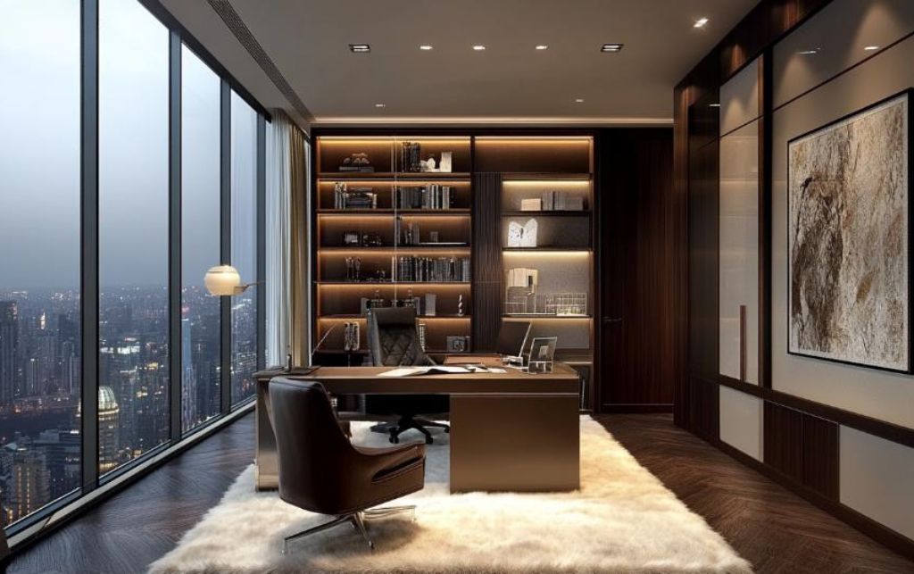 Luxury home library with a sheepskin hide rug and wooden bookshelves.