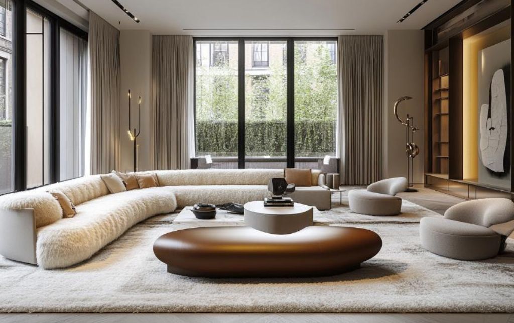 Spacious interior with natural light and a large faux sheepskin rug for warmth.