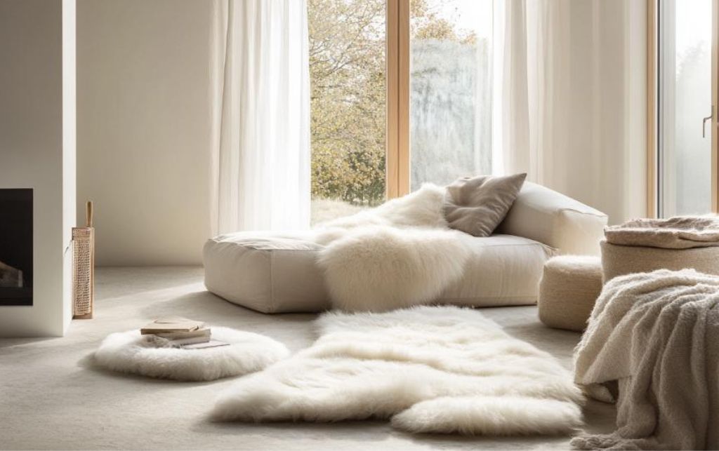 Large sheepskin rug in a luxury living room with plush seating and warm tones.