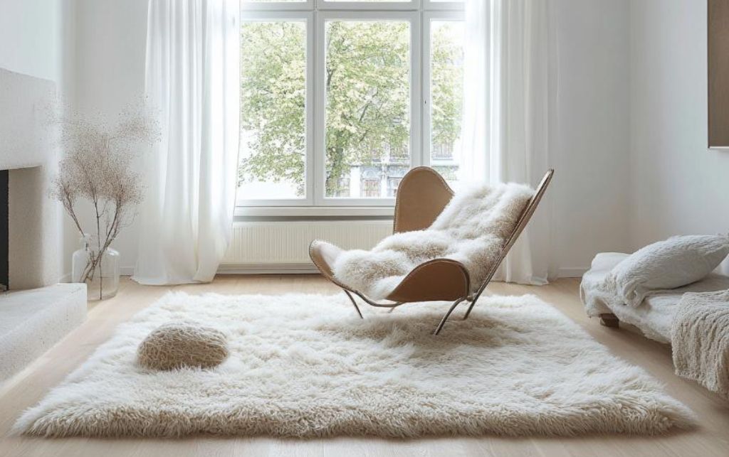Contemporary minimalist space with a sheepskin pelt rug enhancing contrast.
