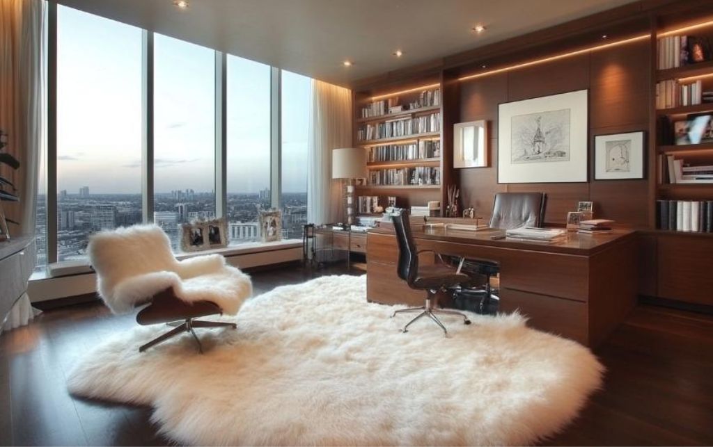 High-end office with floor-to-ceiling views and a sheepskin rug for comfort.