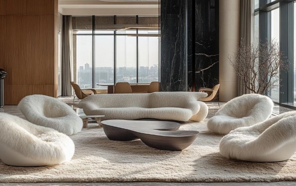 Cosy reading nook with layered sheepskin rugs for a warm seasonal touch.