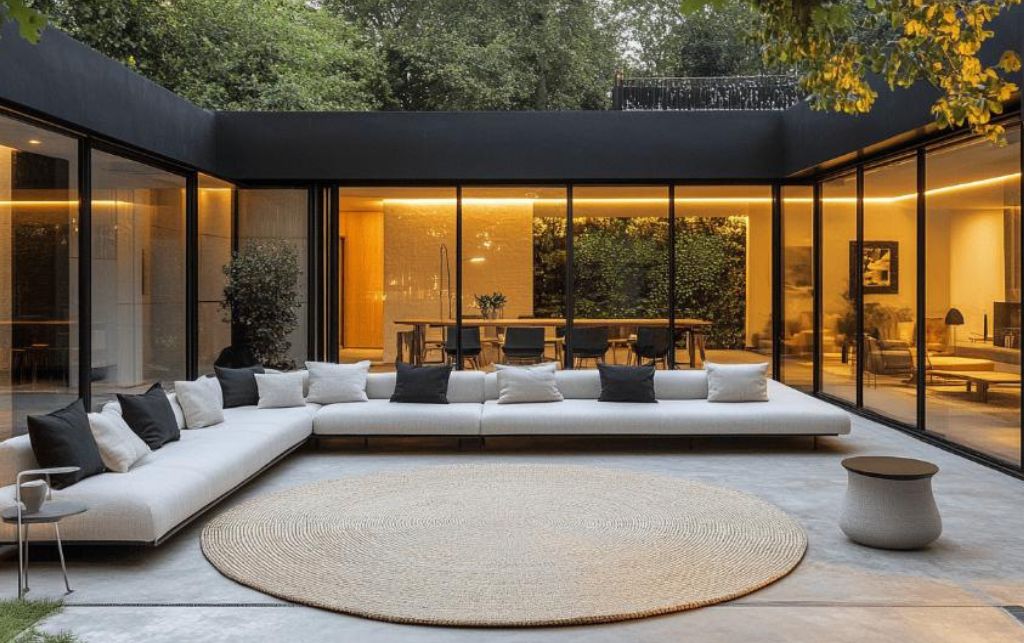 Large round luxury outdoor rug with a fire pit
