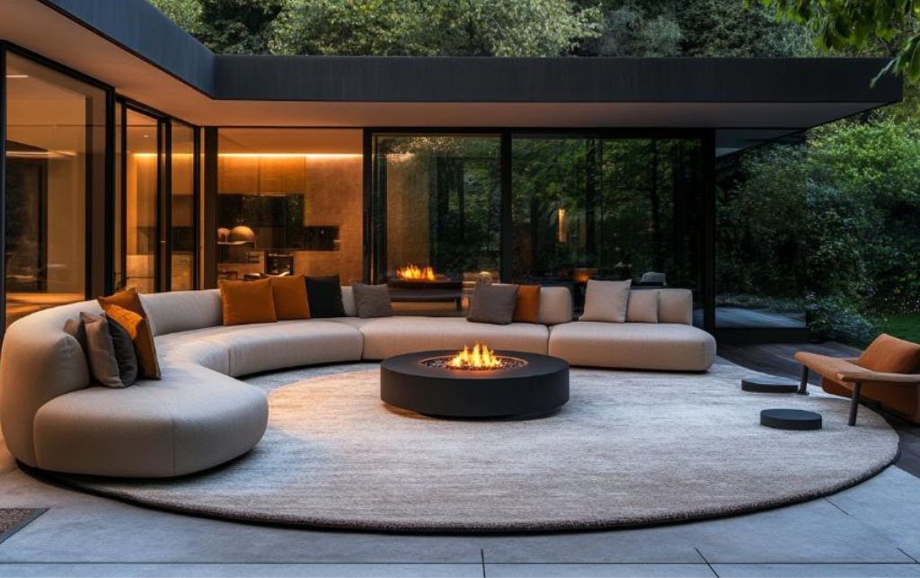 Modern round outdoor rug anchoring a spacious patio lounge with a curved sectional