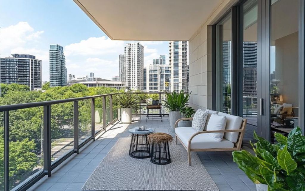 Outdoor rug carpet on a balcony