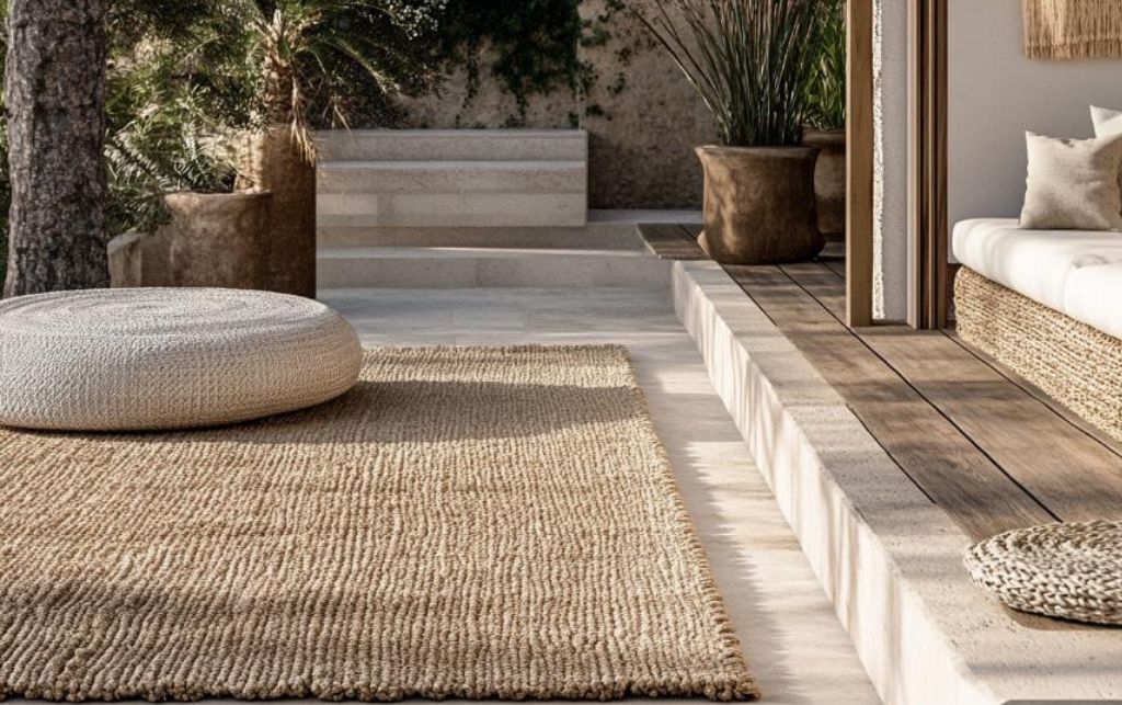 Large outdoor carpet and rugs in a courtyard