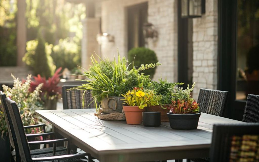 Outdoor dining table in shaded garden